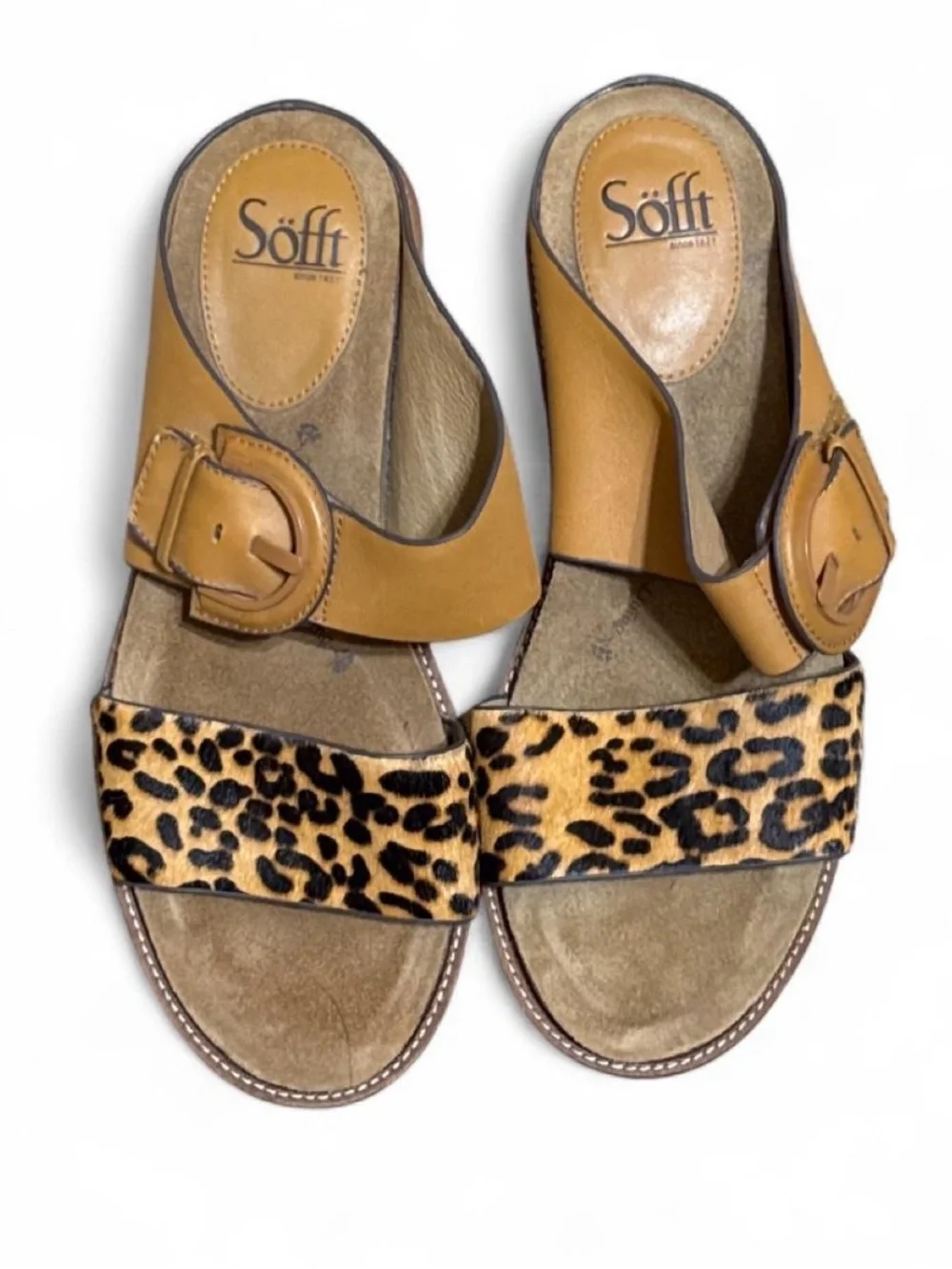 Sofft Braye Leopard Printed Slide Sandals 9.5M Luggage Tan Leather